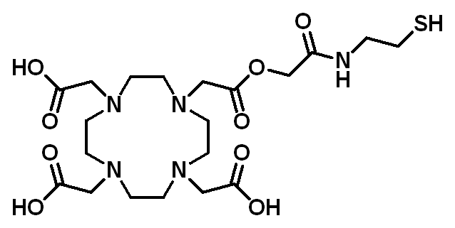 Chemical structure of 2,2',2''-(10-(2-(2-Mercaptoethylamino)-2-oxoethyl)-1,4,7,10-tetraazacyclododecane-1,4,7-triyl)triacetic acid