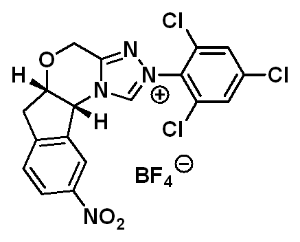 Chemical structure of (5aS,10bR)-9-Nitro-2-(2,4,6-trichlorophenyl)-5a,10b-dihydro-4H,6H-indeno[2,1-b][1,2,4]triazolo[4,3-d][1,4]oxazin-2-ium tetrafluoroborate