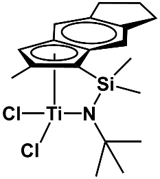 Chemical structure of Dichloro[N-(1,1-dimethylethyl)-1,1-dimethyl-1-[(1,2,3,3a,8a-η)-1,5,6,7-tetrahydro-2-methyl-s-indacen-1-yl]silanaminato(2-)-κN] titanium