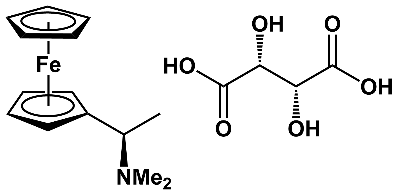 Chemical structure of (R)-(+)-N,N-Dimethyl-1-Ferrocenylethylamine-D-tartrate
