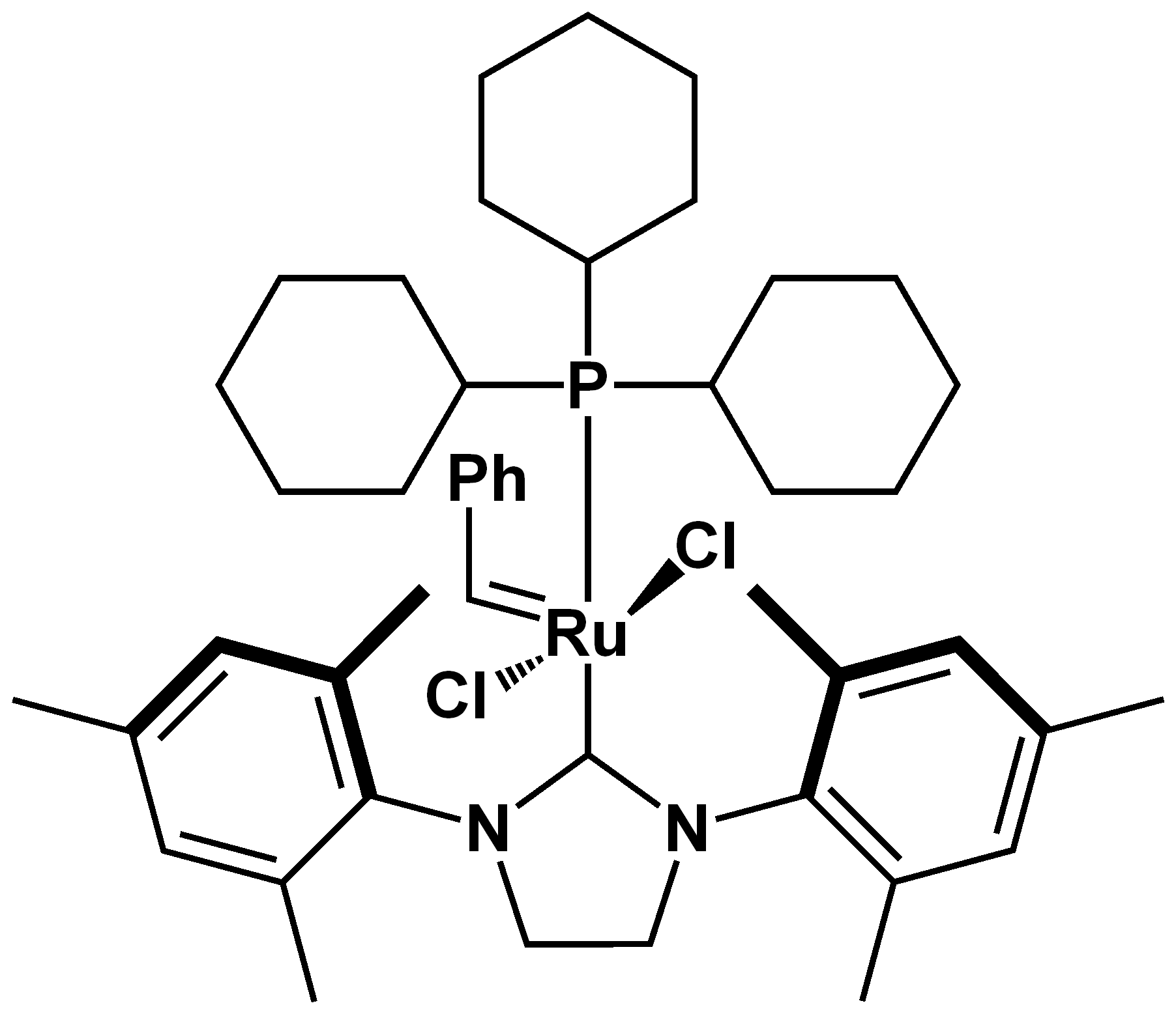 Chemical structure of Tricyclohexylphosphine[1,3-bis(2,4,6-trimethylphenyl)-4,5-dihydroimidazol-2-ylidene][benzylidene]rut