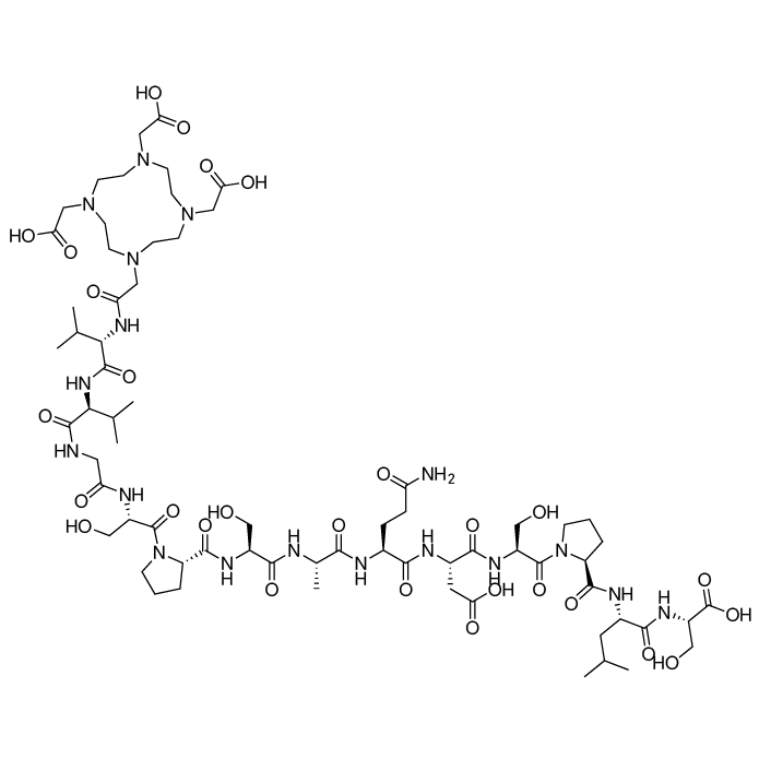 Chemical structure of 2,2',2''-(10-((4S,7S,13S)-14-((S)-2-(((2S,5S,8S,11S,14S)-8-(3-Amino-3-oxopropyl)-1-((S)-2-(((S)-1-(((S)-1-carboxy-2-hydroxyethyl)amino)-4-methyl-1-oxopentan-2-yl)carbamoyl)pyrrolidin-1-yl)-5-(carboxymethyl)-15-hydroxy-2-(hydroxymethyl)-11-methyl-1,4,7,10,13-pentaoxo-3,6,9,12-tetraazapentadecan-14-yl)carbamoyl)pyrrolidin-1-yl)-13-(hydroxymethyl)-4,7-diisopropyl-2,5,8,11,14-pentaoxo-3,6,9,12-tetraazatetradecyl)-1,4,7,10-tetraazacyclododecane-1,4,7-triyl)triacetic acid