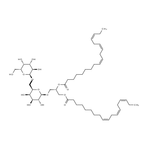Chemical structure of (9Z,9'Z,12Z,12'Z,15Z,15'Z)-(S)-3-(((2R,3R,4S,5R,6R)-3,4,5-Trihydroxy-6-((((2S,3R,4S,5R,6R)-3,4,5-trihydroxy-6-(hydroxymethyl)tetrahydro-2H-pyran-2-yl)oxy)methyl)tetrahydro-2H-pyran-2-yl)oxy)propane-1,2-diyl bis(octadeca-9,12,15-trienoate) , DGDG