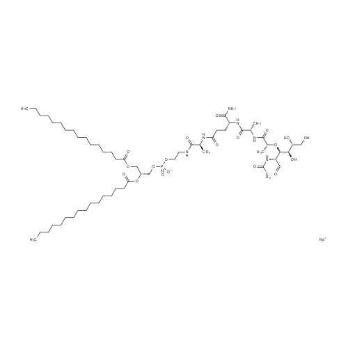 Chemical structure of Sodium (R)-2,3-bis(palmitoyloxy)propyl ((4R,5R,7R,10S,13R,18S)-13-carbamoyl-4-formyl-7,10,18-trimethyl-2,8,11,16,19-pentaoxo-5-((1R,2R)-1,2,3-trihydroxypropyl)-6-oxa-3,9,12,17,20-pentaazadocosan-22-yl) phosphate , Mifamurtide sodium