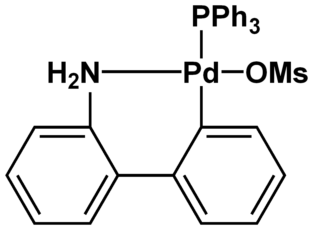 Chemical structure of Methanesulfonato(triphenylphosphine)(2'-amino-1,1'-biphenyl-2-yl)palladium(II) (PPh3 PD G3)